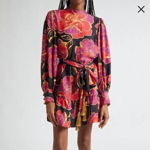 Farm Rio Shiny Chita Floral Print Long Sleeve Mini Dress Size M